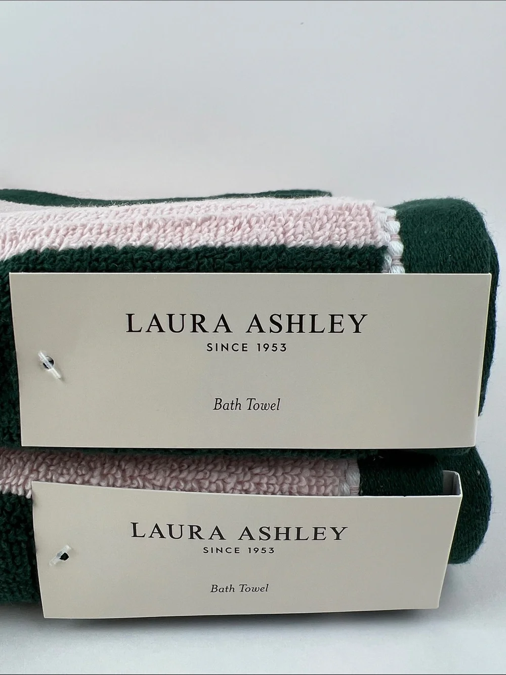 Laura Ashley Bath Towels Sunshine Stripe Pink Dark Green Soft Cotton 2 Pc NEW